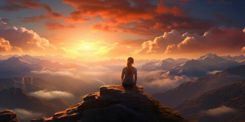 woman sitting on the top of a mountain and looking at the sunset