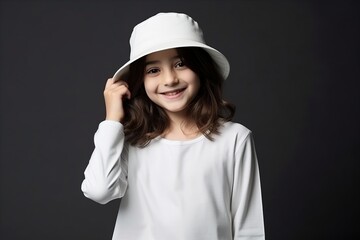 Portrait of a cute little girl in white hat on dark background