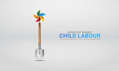 World day against Child Labor.Stop child labour, Child worker washing utensils, 3D Illustration
