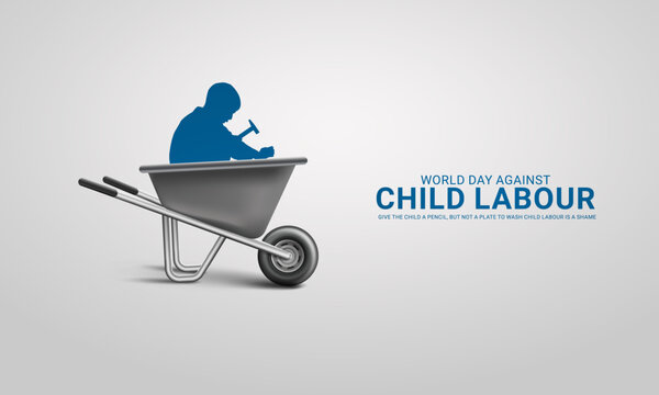 World day against Child Labor.Stop child labour, Child worker washing utensils, 3D Illustration