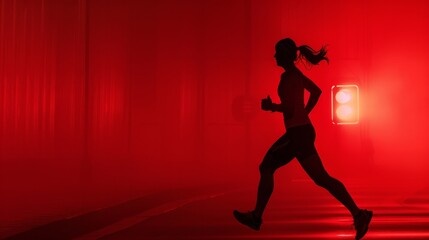 Fototapeta na wymiar Young fit girl silhuette running in red light