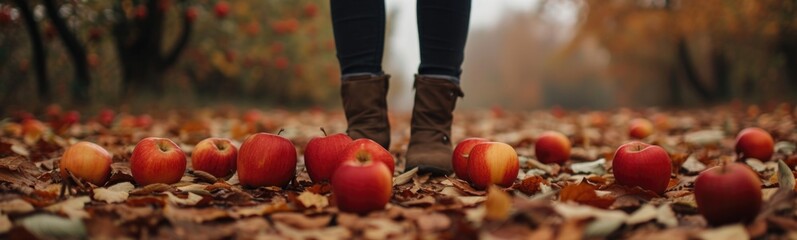 Apple picking . Autumn fall background . Banner - obrazy, fototapety, plakaty