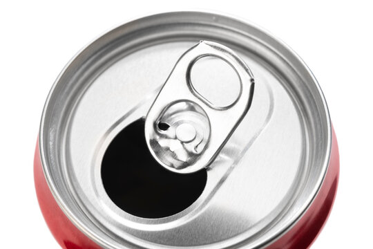 Top of an aluminum soda can with the ring pull showing   