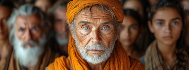 Elder's Intense Gaze Surrounded by Youthful Spirits