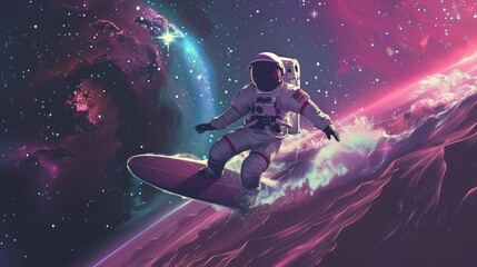 Astronaut surfing in the space among stars and planets - obrazy, fototapety, plakaty