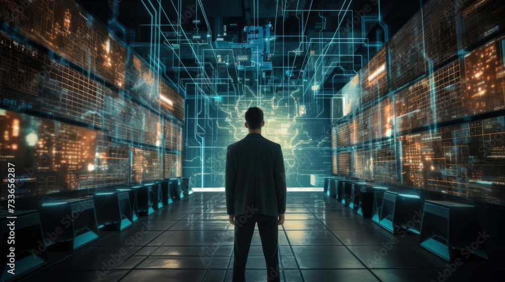 Poster The rear view of the engineer plans and performs work on expanding the network structure of the enterprise in a large office. Cybersecurity, Programming, modern high-tech room.