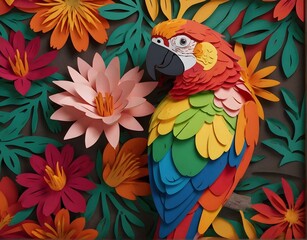 A macaw on a multi-colored background. 3d paper art, paper cutting, wallpaper, Kirigami. 
