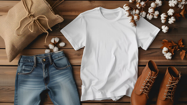  tshirt mockup with sneakers, jeanz and white flowers, generative ai