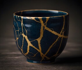 Japanese kintsugi pottery cup in the dark