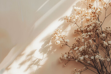 Flowers in muted, earthy tones, creating a feeling of calm and elegance and minimalism. Beige background.