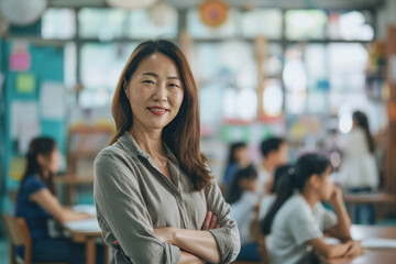 Confident female teacher stands in classroom with students. Education and leadership.