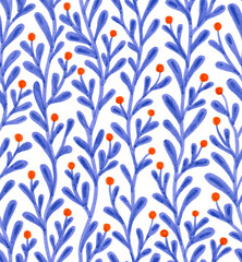 Hand drawn seamless marker pattern with plants and berries on a white background