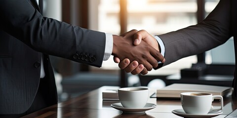 Two businessmen engage in a handshake.