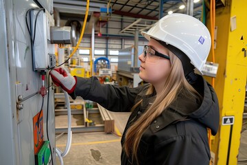 An electrician connects electrical wires. A girl electrical engineer works with electrical wiring at an enterprise.