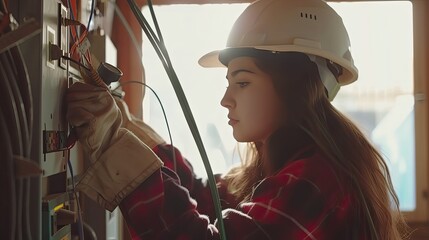 An electrician connects electrical wires. A girl electrical engineer works with electrical wiring at an enterprise.