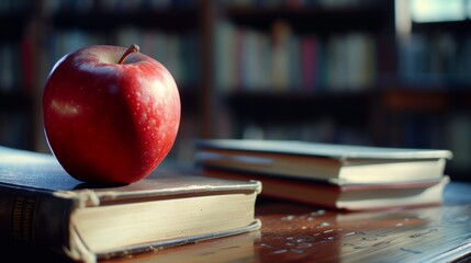 Knowledge and Nutrition Brief: A red apple resting on an antique book in front of a well-stocked bookshelf