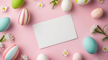 Naklejka na ściany i meble spring and Easter holidays. fresh daisies and eggs on a soft pink background. blank card, scattered petals