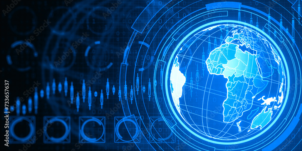 Poster creative holographic screen with digital globe interface and business chart on blurry blue backdrop.