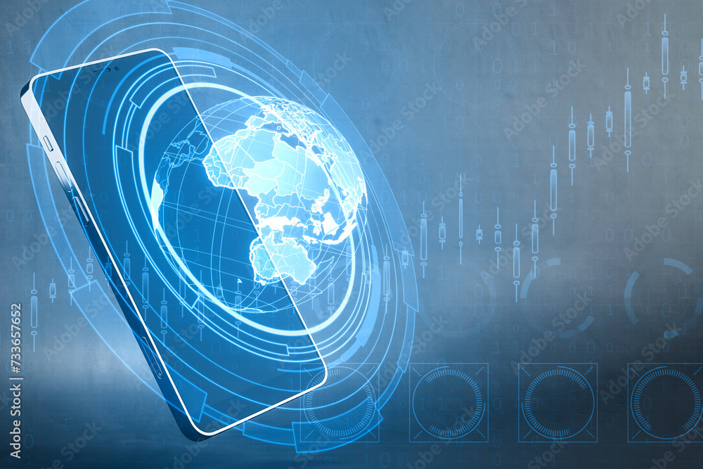 Poster close up of smartphone with holographic screen with digital globe interface and business chart on bl
