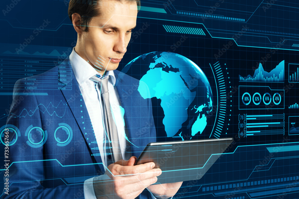 Poster european businessman using tablet with holographic screen with digital globe interface and business 