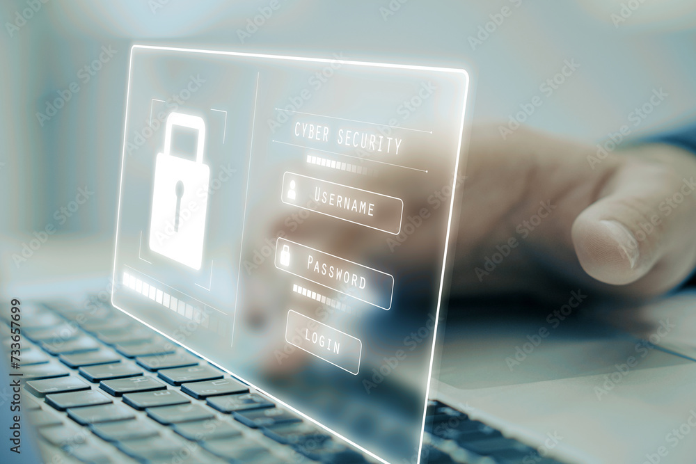 Poster Transparent virtual cybersecurity interface with username and password fields over laptop keyboard. Privacy concept