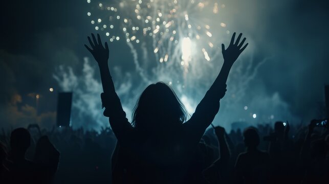 a crowd of people raising their hands in front of a spectacular fireworks display. celebration in the crowd. The atmosphere is filled with smoke and light, creating an ethereal effect.