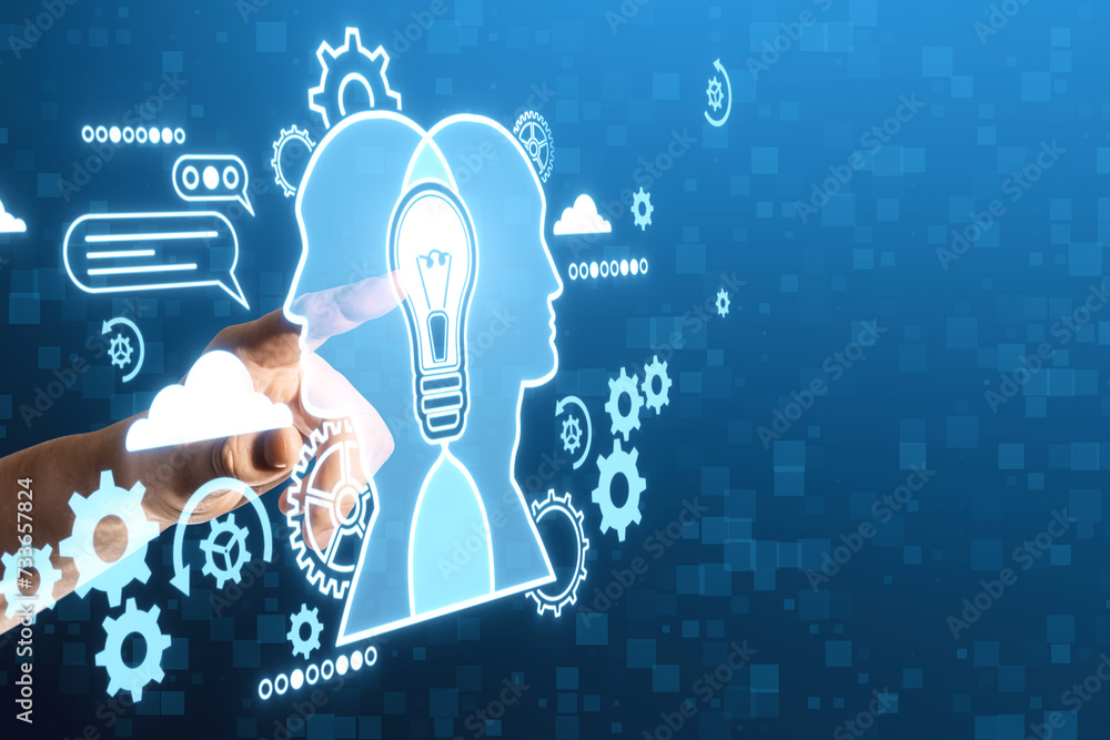 Poster close up of businessman hand pointing at creative ai chat gpt hologram on blue digital background. a