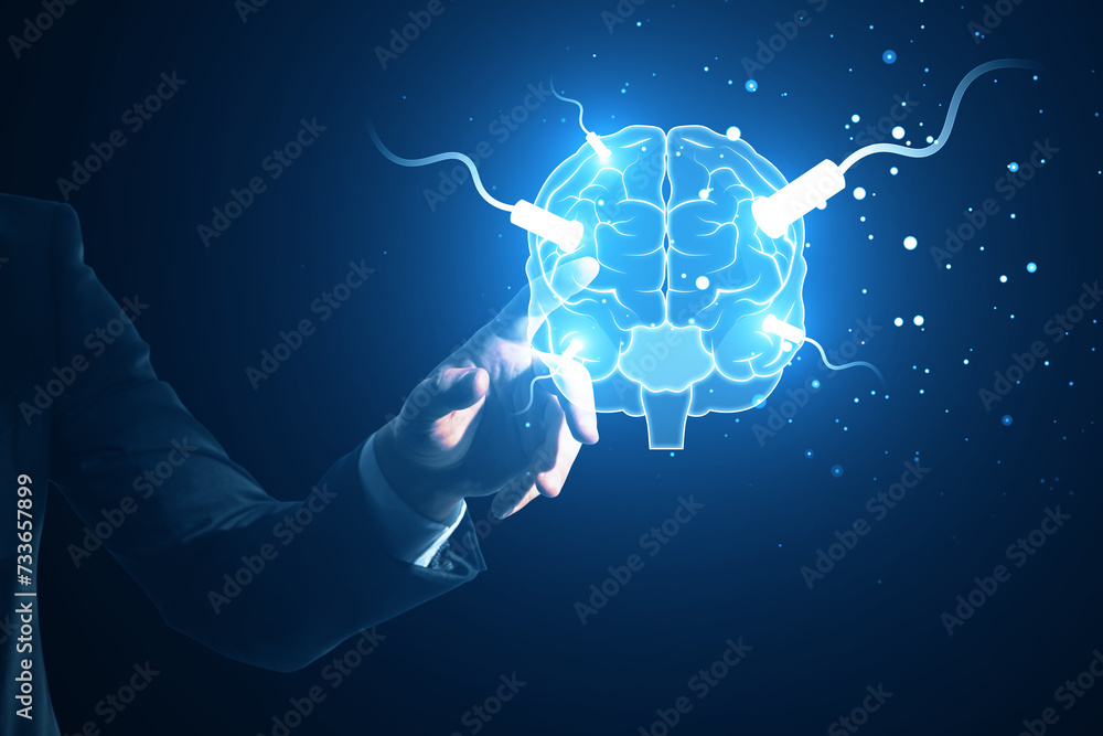 Poster Hand presenting a digital brain with glowing neural links on a dark backdrop. Interaction concept