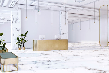 Elegant reception with marble flooring and golden details, sophisticated office interior. 3D Rendering