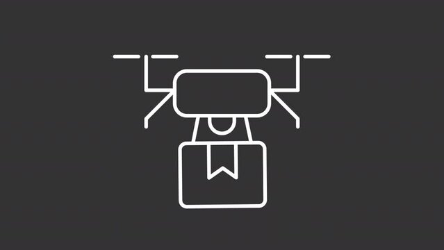 Animated delivering drone white icon. Robotic cargo transportation line animation. Advanced technology assistance. Isolated illustration on dark background. Transition alpha video. Motion graphic
