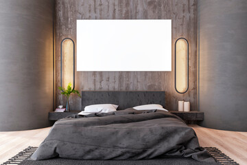 Contemporary bedroom showcasing vertical lighting and a prominent white canvas. Artistic and modern concept. 3D Rendering