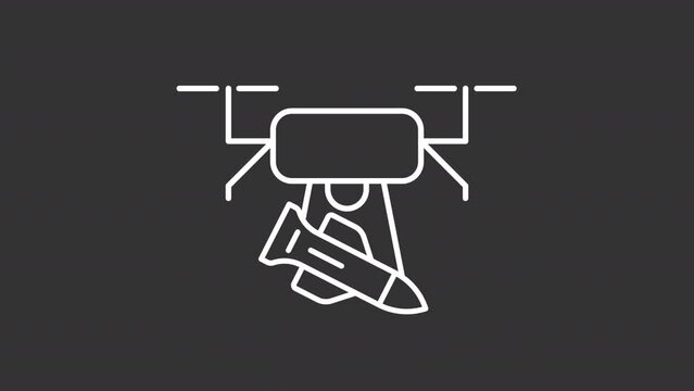 Animated drone dive bomb white icon. Military aerial vehicle support line animation. Missile transportation. Isolated illustration on dark background. Transition alpha video. Motion graphic