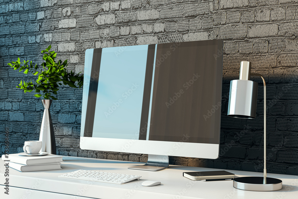 Poster bright designer desktop with empty computer monitor, lamp, supplies and other items. black brick wal