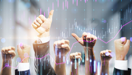 Group of male and female hands showing thumbs up on blurry office interior background with forex...