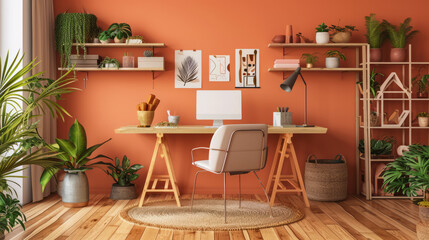 Chic Home Office with Coral Wall and White Aesthetic - Workspace Design Concept