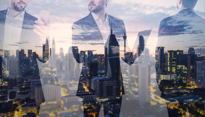 Three headless successful european business men silhouettes with devices standing on abstract night city background with illumination. Success, team, communication, future concept. Double exposure. - obrazy, fototapety, plakaty