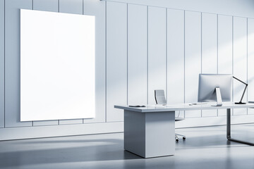 Modern white office interior with desk, laptop, chair, and empty vertical canvas. Clean minimalist design. 3D Rendering