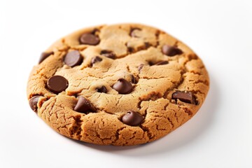 A close-up of a single chocolate chip cookie, showing the texture and chocolate chips in detail, on a white background.