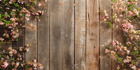 Fototapeta na wymiar Spring Blossom on Rustic Wooden Background - Floral Texture for Invitations and Nature Blogs