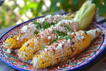 Elotes, Grilled Mexican Street Corn on the cob with cotija cheese, chili powder, mayonnaise
