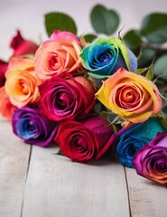 Fototapeta na wymiar Beautifully arranged colorful bouquet of rainbow roses on blurred background.