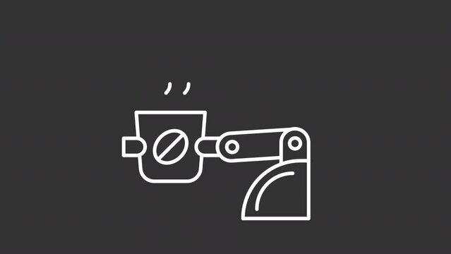 Animated coffee robot white icon. Barista labor automatization line animation. Coffeemaker process automation. Isolated illustration on dark background. Transition alpha video. Motion graphic