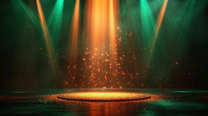 The premium teal stage background is decorated with gold particles and has a spotlight shining in the center. Create a luxurious and enchanting atmosphere.