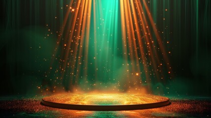 The premium teal stage background is decorated with gold particles and has a spotlight shining in the center. Create a luxurious and enchanting atmosphere. - obrazy, fototapety, plakaty
