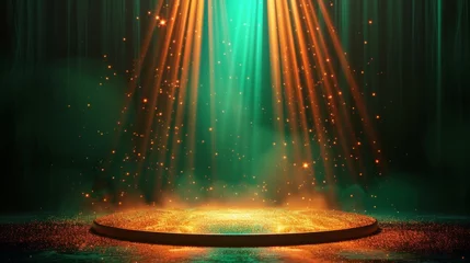 Fotobehang The premium teal stage background is decorated with gold particles and has a spotlight shining in the center. Create a luxurious and enchanting atmosphere. © Saowanee
