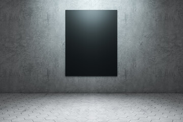 Empty concrete interior with clean black mock up banner on wall. Gallery and exhibition hall concept. 3D Rendering.