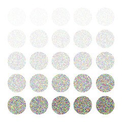 Round shaped dotted objects, vintage stipple elements. Fading gradient. Stippling, dotwork drawing, shading using dots. Colored disintegration effect. Noise grainy texture. Vector illustration