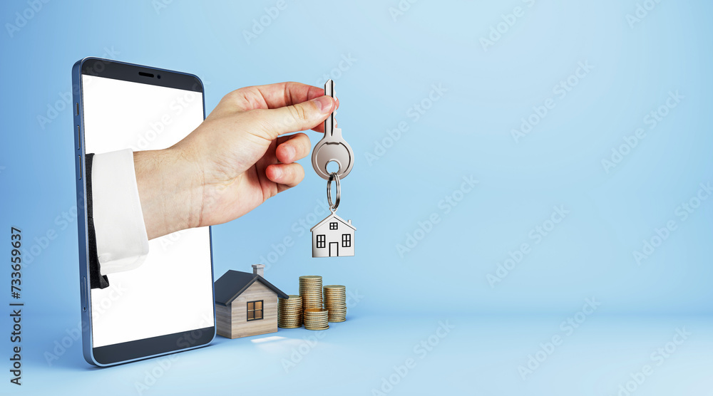 Poster Hand with keys sticking out of smartphone with house and coins on blue background with mock up place. Online home purchase, buy and rent concept.