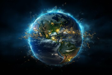 A conceptual image of Earth with illuminated city lights representing global connectivity and civilization. - obrazy, fototapety, plakaty