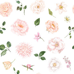 Floral seamless pattern featuring watercolor spring garden flowers and leaves. Botanical print.
